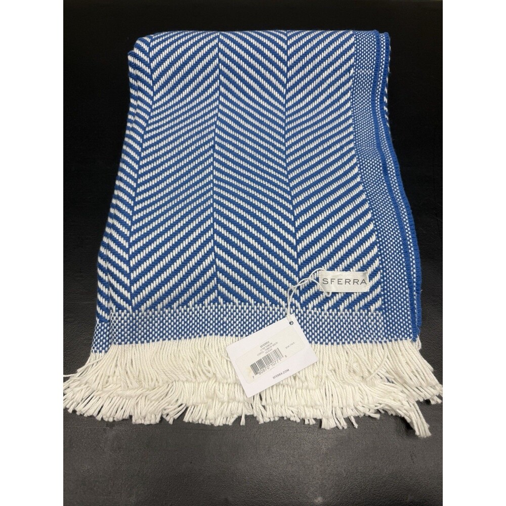 Sferra Costa Cotton Throw Blanket Ocean Blue Herringbone Weave Fringed 50x70 New